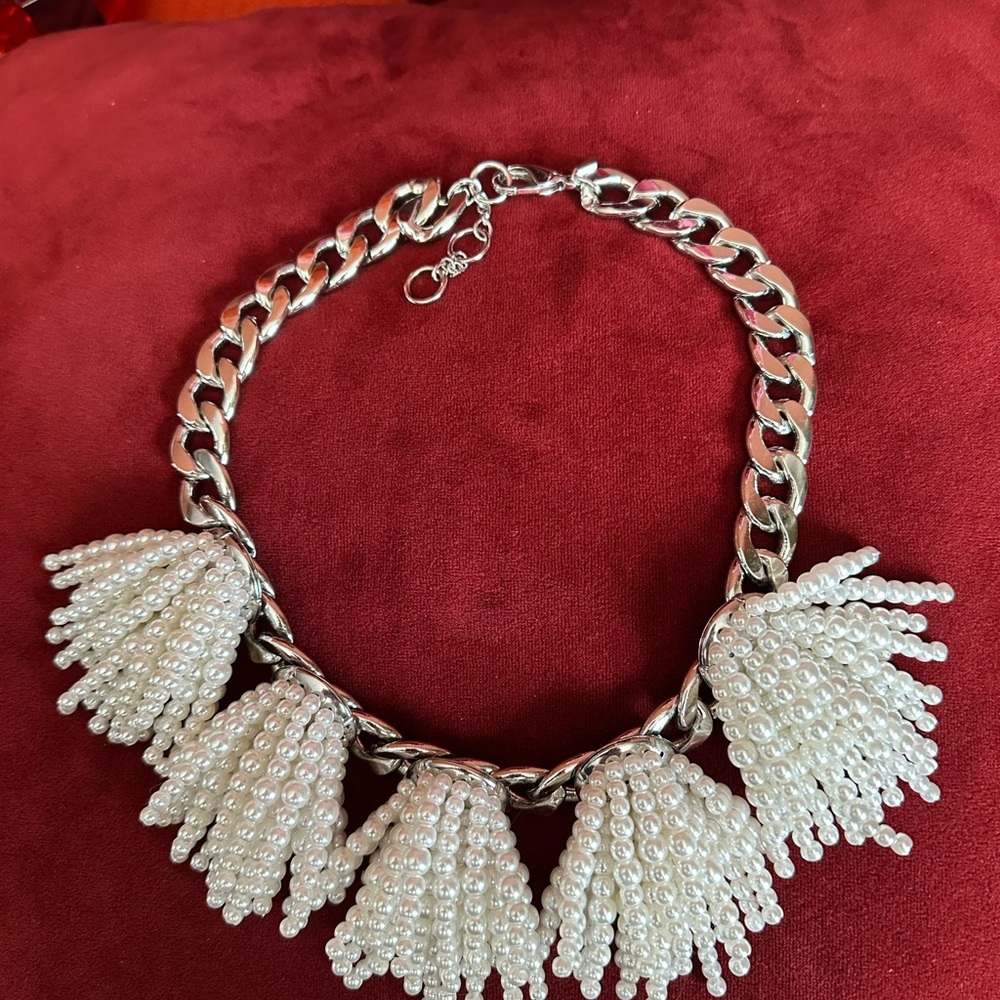 Rare Silver Chain Necklace with White Pearl Tassels